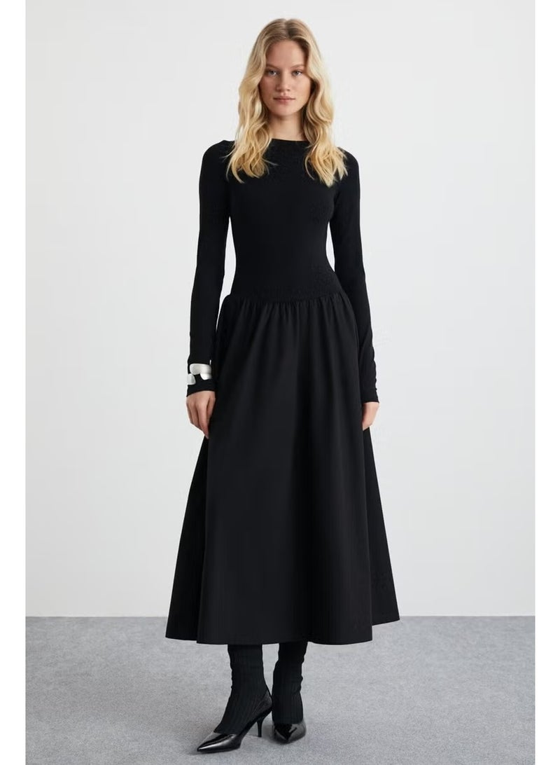 GRIMELANGE PANI Women Maxi Length Skirt Part Woven Poplin Flared Skirt Upper Part Flexible Stylish Black Dress - Image 3